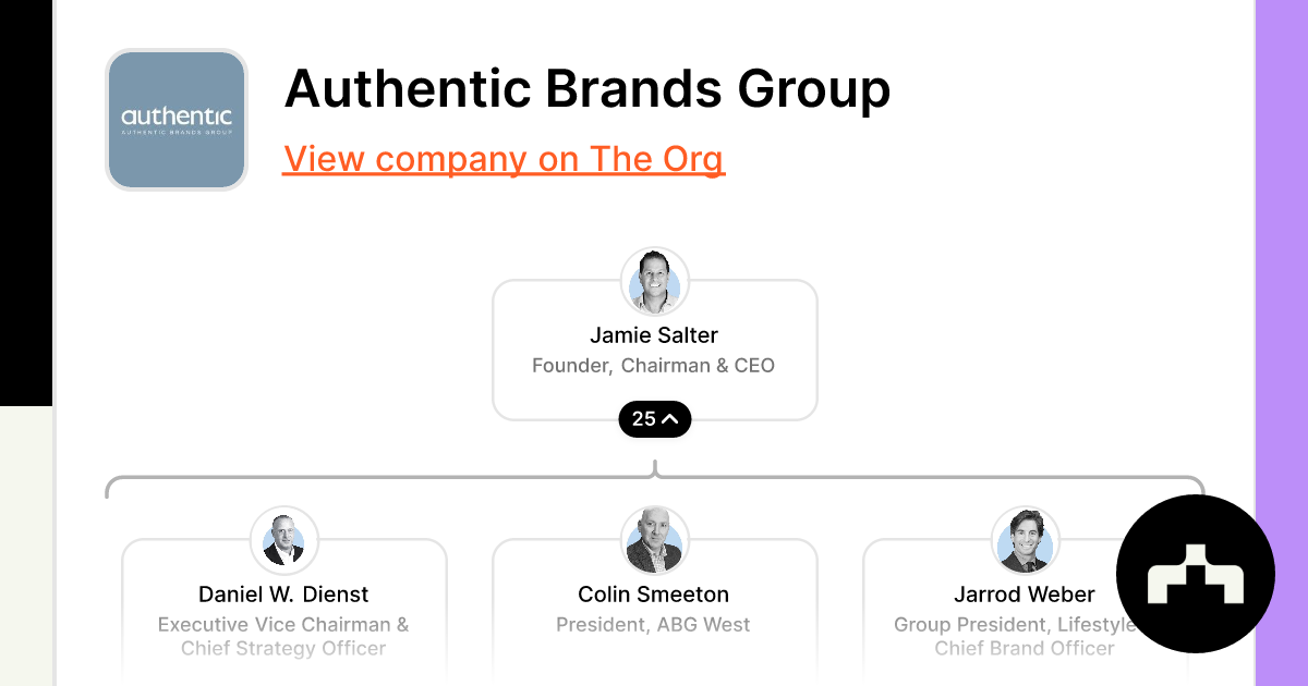https://theorg.com/api/og/org?data=JTdCJTIybmFtZSUyMiUzQSUyMkF1dGhlbnRpYyUyMEJyYW5kcyUyMEdyb3VwJTIyJTJDJTIyaW1hZ2VTcmMlMjIlM0ElMjJodHRwcyUzQSUyRiUyRmNkbi50aGVvcmcuY29tJTJGMDQyNzY4OTktM2ZiOC00NzhlLWIwNjYtMGZkYzJlOWMxOTYyX3NtYWxsLmpwZyUyMiUyQyUyMnBlb3BsZSUyMiUzQSU1QiU3QiUyMm5hbWUlMjIlM0ElMjJKYW1pZSUyMFNhbHRlciUyMiUyQyUyMnRpdGxlJTIyJTNBJTIyRm91bmRlciUyQyUyMENoYWlybWFuJTIwJTI2JTIwQ0VPJTIyJTJDJTIyaW1hZ2VTcmMlMjIlM0ElMjJodHRwcyUzQSUyRiUyRmNkbi50aGVvcmcuY29tJTJGOWI5NTQyNzgtM2RhNi00NGJhLWEwYWUtMmQyNDIxMjBjNTE1X3NtYWxsLmpwZyUyMiUyQyUyMmNoaWxkQ291bnQlMjIlM0EyNSU3RCUyQyU3QiUyMm5hbWUlMjIlM0ElMjJEYW5pZWwlMjBXLiUyMERpZW5zdCUyMiUyQyUyMnRpdGxlJTIyJTNBJTIyRXhlY3V0aXZlJTIwVmljZSUyMENoYWlybWFuJTIwJTI2JTIwQ2hpZWYlMjBTdHJhdGVneSUyME9mZmljZXIlMjIlMkMlMjJpbWFnZVNyYyUyMiUzQSUyMmh0dHBzJTNBJTJGJTJGY2RuLnRoZW9yZy5jb20lMkZkNzE3YTJiMy1lMmU0LTQ2MTYtYTQ0OS1mNmM2MzRiMTYxNWFfc21hbGwuanBnJTIyJTJDJTIyY2hpbGRDb3VudCUyMiUzQW51bGwlN0QlMkMlN0IlMjJuYW1lJTIyJTNBJTIyQ29saW4lMjBTbWVldG9uJTIyJTJDJTIydGl0bGUlMjIlM0ElMjJQcmVzaWRlbnQlMkMlMjBBQkclMjBXZXN0JTIyJTJDJTIyaW1hZ2VTcmMlMjIlM0ElMjJodHRwcyUzQSUyRiUyRmNkbi50aGVvcmcuY29tJTJGZWJlZDUxNWItOTBkMi00YjIzLTg1YmItNTBmZTZlM2FkNGJhX3NtYWxsLmpwZyUyMiUyQyUyMmNoaWxkQ291bnQlMjIlM0FudWxsJTdEJTJDJTdCJTIybmFtZSUyMiUzQSUyMkphcnJvZCUyMFdlYmVyJTIyJTJDJTIydGl0bGUlMjIlM0ElMjJHcm91cCUyMFByZXNpZGVudCUyQyUyMExpZmVzdHlsZSUyMCUyNiUyMENoaWVmJTIwQnJhbmQlMjBPZmZpY2VyJTIyJTJDJTIyaW1hZ2VTcmMlMjIlM0ElMjJodHRwcyUzQSUyRiUyRmNkbi50aGVvcmcuY29tJTJGNGYwMjhhMDUtYzc0Zi00NzVjLTgzMjMtMGIwOTE4NWI3OTk4X3NtYWxsLmpwZyUyMiUyQyUyMmNoaWxkQ291bnQlMjIlM0EzJTdEJTVEJTdE&slug=authentic-brands-group