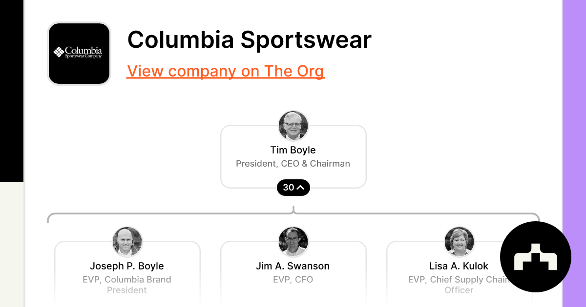 https://theorg.com/api/og/org?data=JTdCJTIybmFtZSUyMiUzQSUyMkNvbHVtYmlhJTIwU3BvcnRzd2VhciUyMiUyQyUyMmltYWdlU3JjJTIyJTNBJTIyaHR0cHMlM0ElMkYlMkZjZG4udGhlb3JnLmNvbSUyRmE2Y2MzMWViLTU2ZWEtNDljNC1hZjg1LTg3MzY2NDEzMDJkM19zbWFsbC5qcGclMjIlMkMlMjJwZW9wbGUlMjIlM0ElNUIlN0IlMjJuYW1lJTIyJTNBJTIyVGltJTIwQm95bGUlMjIlMkMlMjJ0aXRsZSUyMiUzQSUyMlByZXNpZGVudCUyQyUyMENFTyUyMCUyNiUyMENoYWlybWFuJTIyJTJDJTIyaW1hZ2VTcmMlMjIlM0ElMjJodHRwcyUzQSUyRiUyRmNkbi50aGVvcmcuY29tJTJGYjJmNTNkZjYtNjJmYy00YjAxLTljZTYtZTM3OWRmNjVmNDI1X3NtYWxsLmpwZyUyMiUyQyUyMmNoaWxkQ291bnQlMjIlM0EzMCU3RCUyQyU3QiUyMm5hbWUlMjIlM0ElMjJKb3NlcGglMjBQLiUyMEJveWxlJTIyJTJDJTIydGl0bGUlMjIlM0ElMjJFVlAlMkMlMjBDb2x1bWJpYSUyMEJyYW5kJTIwUHJlc2lkZW50JTIyJTJDJTIyaW1hZ2VTcmMlMjIlM0ElMjJodHRwcyUzQSUyRiUyRmNkbi50aGVvcmcuY29tJTJGOGYzOGJmNzgtZTZjYy00YzBhLTkzZmQtZTI2YTBiNjMwNmIxX3NtYWxsLmpwZyUyMiUyQyUyMmNoaWxkQ291bnQlMjIlM0E1JTdEJTJDJTdCJTIybmFtZSUyMiUzQSUyMkppbSUyMEEuJTIwU3dhbnNvbiUyMiUyQyUyMnRpdGxlJTIyJTNBJTIyRVZQJTJDJTIwQ0ZPJTIyJTJDJTIyaW1hZ2VTcmMlMjIlM0ElMjJodHRwcyUzQSUyRiUyRmNkbi50aGVvcmcuY29tJTJGNDIxYTE4ZTktY2ZjZi00MGVhLTg5ZWMtZjMyZWEyZTEyOWEwX3NtYWxsLmpwZyUyMiUyQyUyMmNoaWxkQ291bnQlMjIlM0E0JTdEJTJDJTdCJTIybmFtZSUyMiUzQSUyMkxpc2ElMjBBLiUyMEt1bG9rJTIyJTJDJTIydGl0bGUlMjIlM0ElMjJFVlAlMkMlMjBDaGllZiUyMFN1cHBseSUyMENoYWluJTIwT2ZmaWNlciUyMiUyQyUyMmltYWdlU3JjJTIyJTNBJTIyaHR0cHMlM0ElMkYlMkZjZG4udGhlb3JnLmNvbSUyRjc3Y2YxMmE1LTMxYzktNGY0OC05NmIwLTEzMjBkYTk4NGI2M19zbWFsbC5qcGclMjIlMkMlMjJjaGlsZENvdW50JTIyJTNBNSU3RCU1RCU3RA==&slug=columbia-sportswear