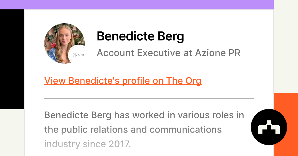 https://theorg.com/api/og/position?name=Benedicte+Berg&image=https%3A%2F%2Fcdn.theorg.com%2F5caec95a-7de3-4212-aad3-3da400bda5cb_thumb.jpg&position=Account+Executive&company=Azione+PR&logo=https%3A%2F%2Fcdn.theorg.com%2Fa72c1ac9-abb0-4fee-a5a6-76a757e5e09d_thumb.jpg&description=Benedicte+Berg+has+worked+in+various+roles+in+the+public+relations+and+communications+industry+since+2017.
